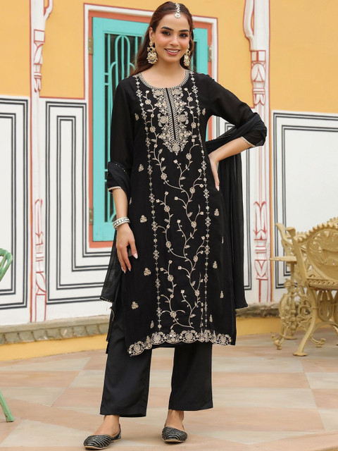 Janasya Women Floral Embroidered Sequinned Kurta with Trousers & Dupatta - Image 6