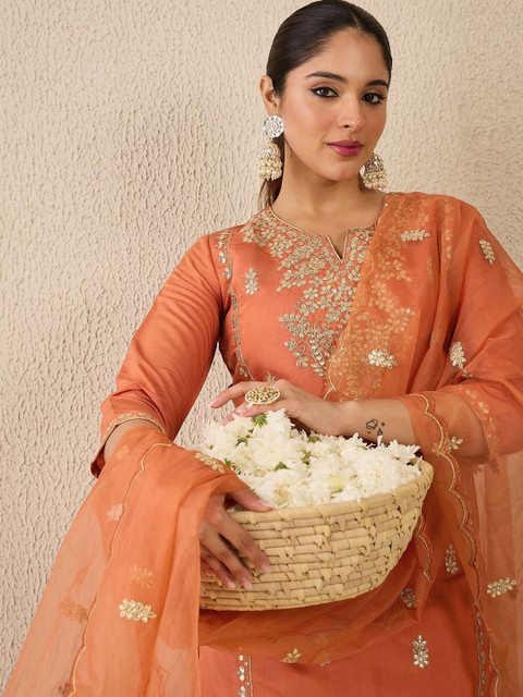 Indo Era Ethnic Motifs Embroidered Thread Work Straight Kurta With Trousers & Dupatta