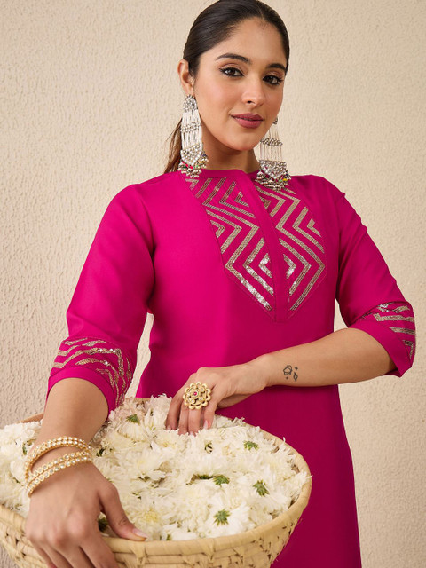 Indo Era Embellished Mandarin Collar Straight Kurta With Trousers Co-Ord Set