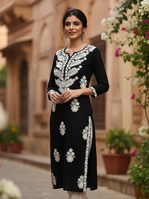 KALINI Floral Embroidered Notch Neck Chikankari Straight Kurta