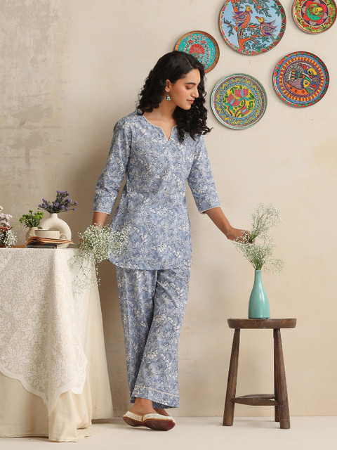 Khushal K Printed Notch Neck Pure Cotton Tunic With Trouser