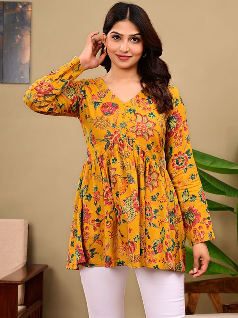 LABEL ADRIJA Women Yellow Pure Cotton Floral Printed V-Neck Empire Anarkali Kurti