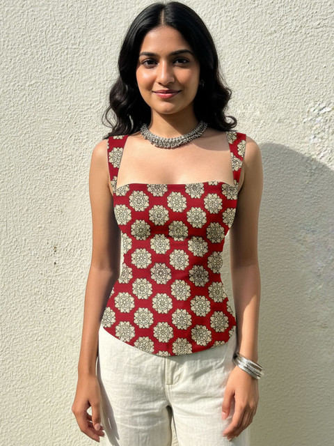 AAHWAN Ethnic Motifs Printed Square Neck Sleeveless Top