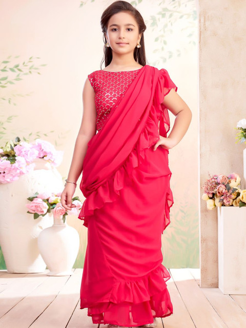 BAESD Girls Rani Sequin Embroidery Georgette Lehenga Ruffle Saree With Attachable Dupatta