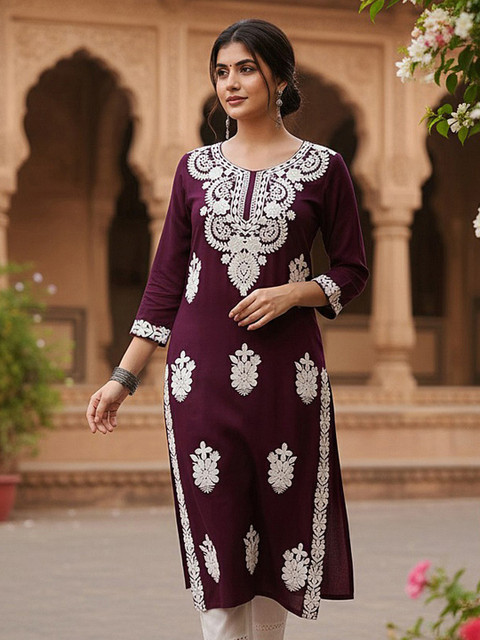 KALINI Floral Embroidered Thread Work Straight Kurta