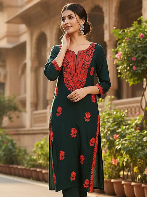 KALINI Floral Embroidered Thread Work Straight Kurta