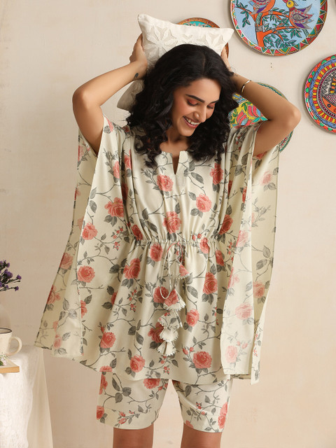 Khushal K Floral Printed Notch Neck Pure Cotton Kaftan & Shorts