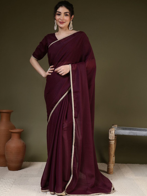 KEIYONA Solid Saree with Zari Border and Blouse Piece