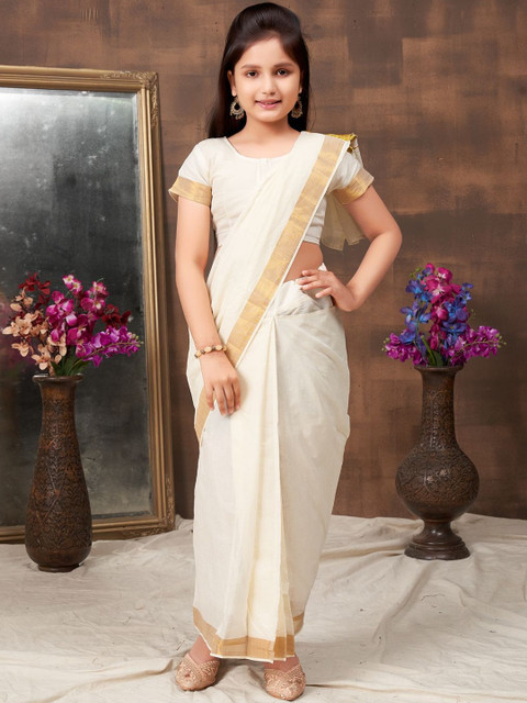 BAESD Girls Solid Saree With Zari Border and Stitched Blouse