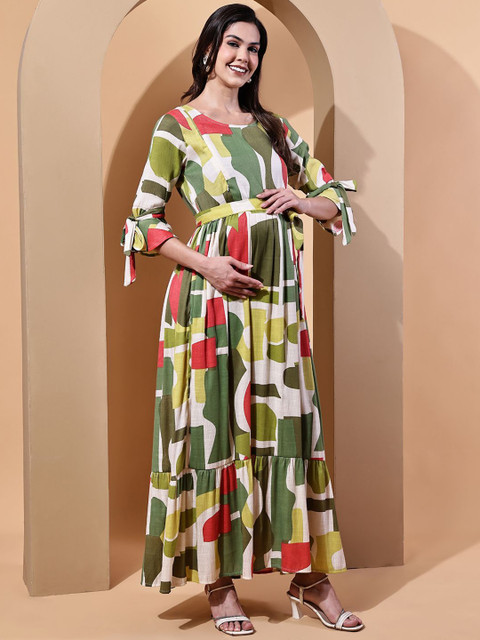 Moms Maternity Abstract Printed Tie-Up Detail Bell Sleeve Cotton Maternity Maxi Dress