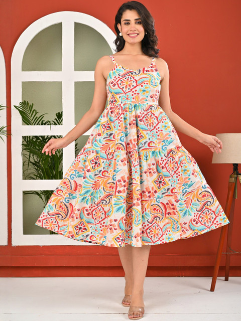 SZN Women Abstract Printed Sweetheart Neck Fit & Flare Midi Dress