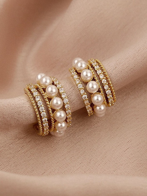 Celestique Pearls Studded Semi Circular Shaped Half Hoop Earrings