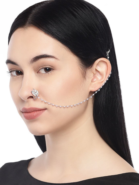 Sangria Silver-Plated Kundan & Pearl Chained Nosepin