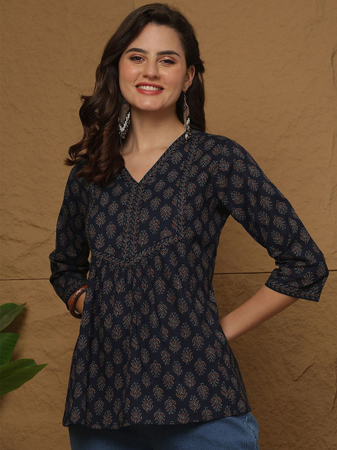 KEIYONA Women Ethnic Motifs Printed V-Neck A-Line Cotton Regular Top