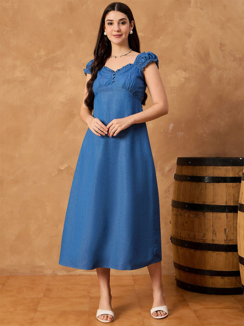 all about you Women Puff Sleeve Ruffled Denim Empire Midi Dress