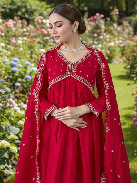 KALINI Ethnic Motif Embroidered Empire Thread Work Anarkali Kurta & Trousers With Dupatta - Image 2
