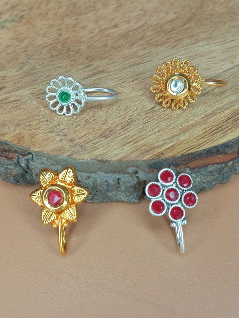 Sangria Pack of 4 Silver & Gold-Plated Cubic Zirconia Stud Nosepin