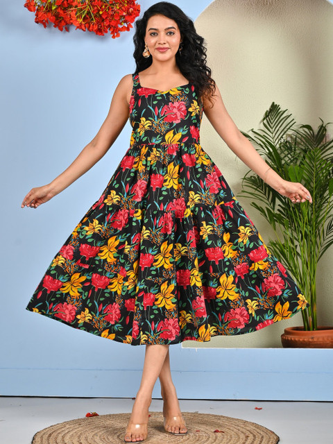 SZN Women Floral Printed Fit and Flare Cotton Dress