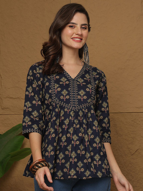 KEIYONA Women Printed Ethnic Cotton Top