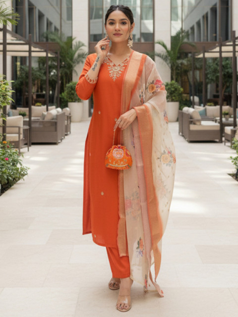 KALINI Women Embroidered Regular Kurta with Trousers & With Dupatta