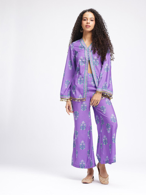 fusion by glitchez Floral Printed V-Neck Slit & Lace Detail Top With Trouser