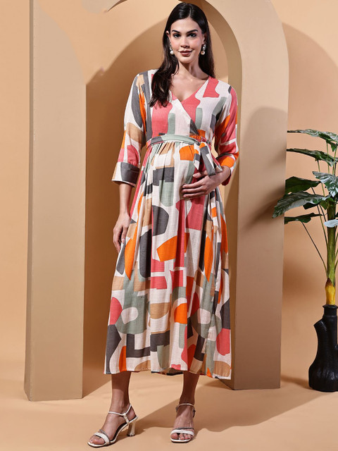 Moms Maternity Women Abstract Printed Maternity Midi Wrap Dress