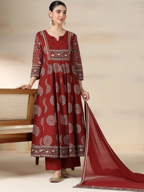 Mizaz Women Ethnic Motifs Printed Regular Mirror Work Kurta With Trousers & Dupatta