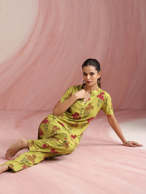 Khushal K Floral Printed Mandarin Collar Pure Cotton Tunic & Trousers