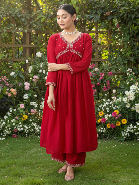 KALINI Ethnic Motif Embroidered Empire Thread Work Anarkali Kurta & Trousers With Dupatta - Image 5