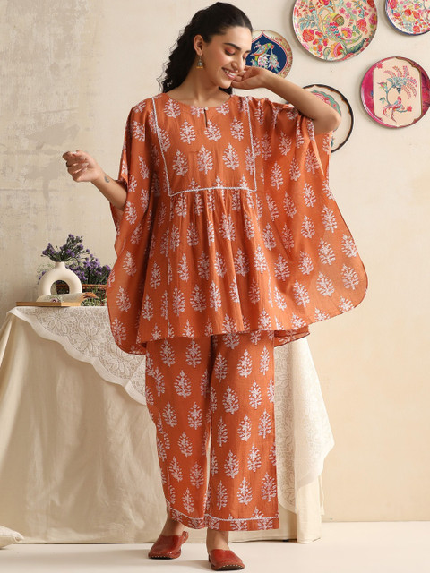 Khushal K Floral Printed Round Neck Pure Cotton Kaftan & Trousers - Image 2