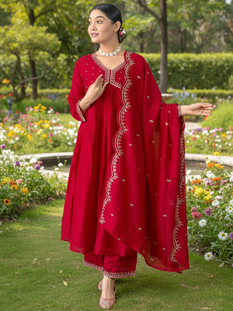 KALINI Ethnic Motif Embroidered Empire Thread Work Anarkali Kurta & Trousers With Dupatta