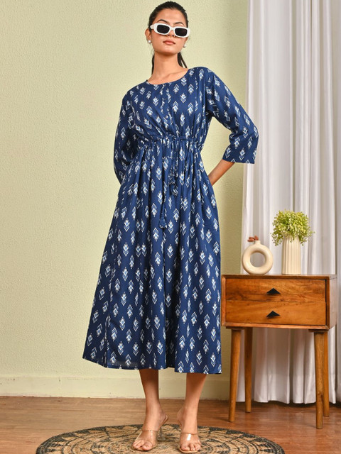 SZN Women Blue Cotton Printed Flared Dress