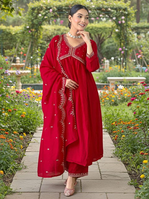 KALINI Ethnic Motif Embroidered Empire Thread Work Anarkali Kurta & Trousers With Dupatta - Image 6