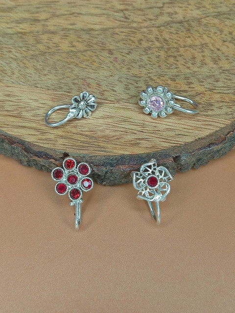 Sangria Women Pack of 4 Silver-Plated Cubic Zirconia Stones Studded Stud Nosepin