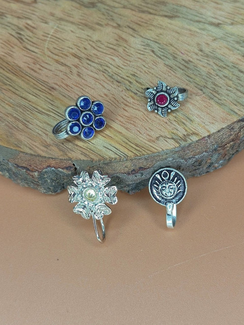 Sangria Women Of 4 Silver-Plated Oxidised Cubic Zirconia Clip On Nosepin