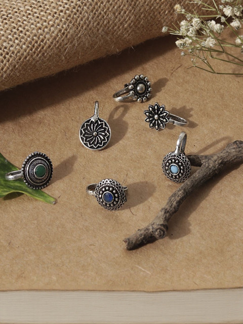 Fida Set Of 6 Silver-Plated Artificial Stones Studded Stud Nosepins