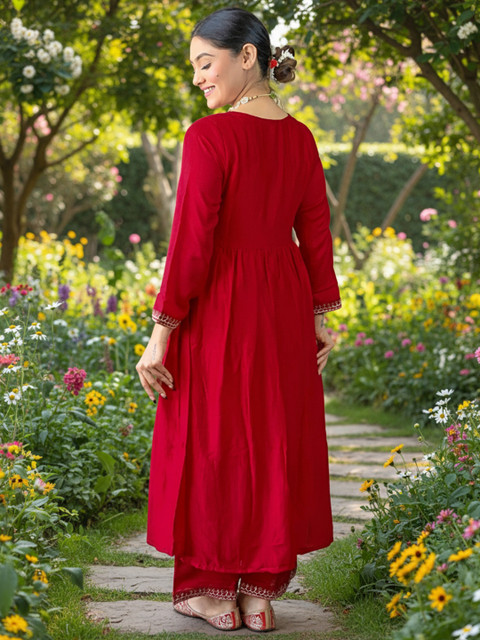 KALINI Ethnic Motif Embroidered Empire Thread Work Anarkali Kurta & Trousers With Dupatta - Image 4