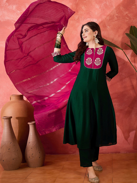 Sangria Zari Sequence Thread Embroidery Kurta With Trousers & Dupatta