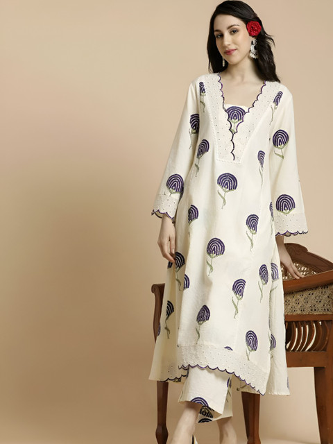 EthniFlair Women Floral Embroidered Regular Pure Cotton Kurta With Palazzos
