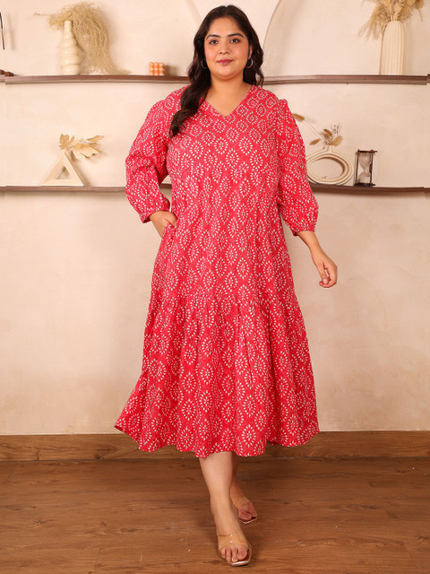 Indietoga Women Plus Size Diamond Geometric Printed Cotton Midi Dress