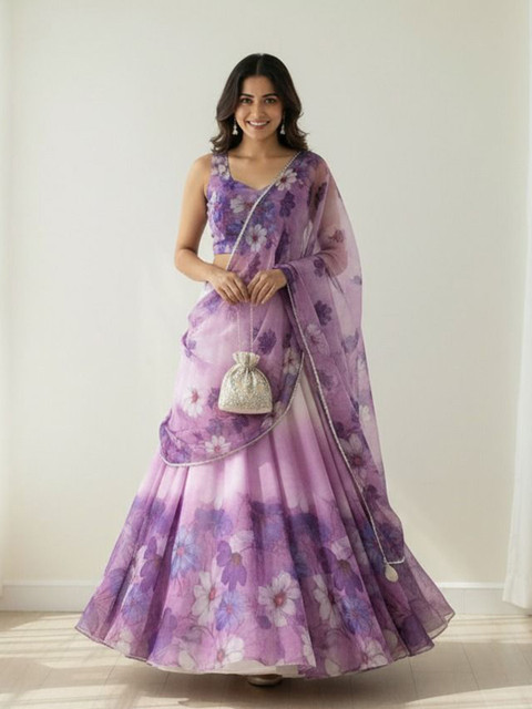 LIPS CROWN Floral Printed Organza Semi-Stitched Lehenga & Blouse With Dupatta