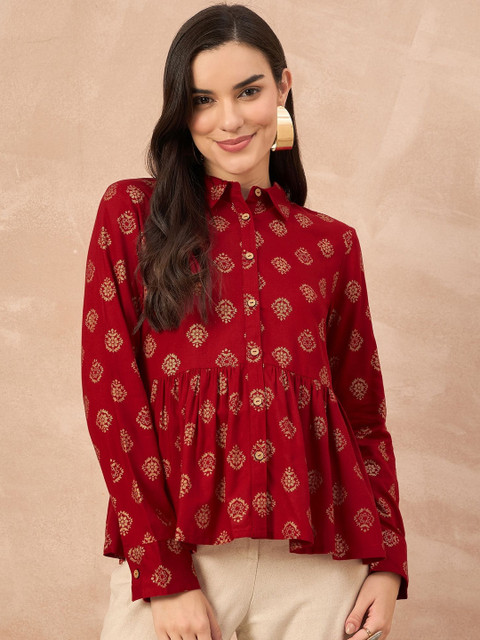 all about you Women Ethnic Motifs Printed Shirt Collar Ethnic Peplum Top