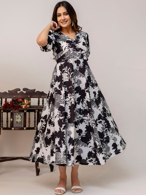 SZN Women Black Floral Printed Round Neck Flared Puff Sleeves Cotton Dress