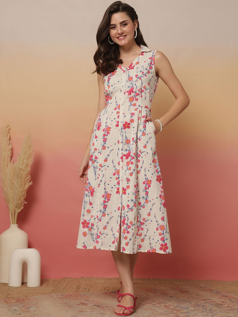 SZN Women White Floral Printed Shirt Collar Dress