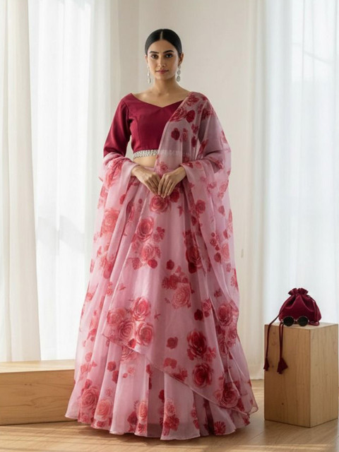 LIPS CROWN Printed Semi-Stitched Organza Lehenga & Ready To Wear Blouse With Dupatta