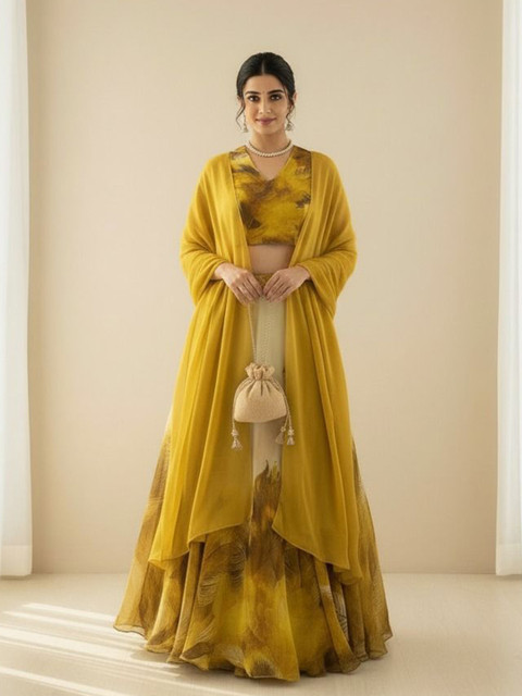 LIPS CROWN Printed Semi-Stitched Organza Lehenga & Ready To Wear Blouse With Dupatta