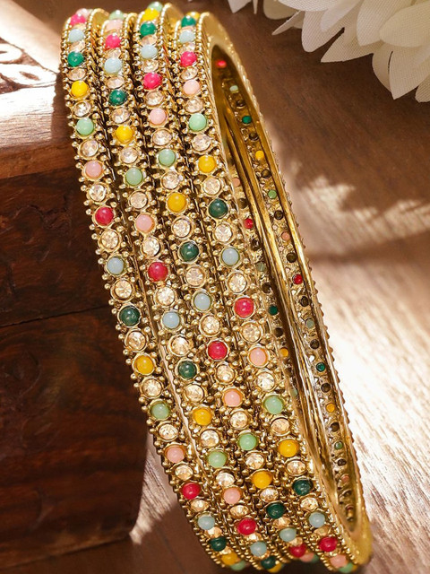 Rubans Set Of 4 18K Gold-Plated Stone-studded & Pearls Beaded Bangles