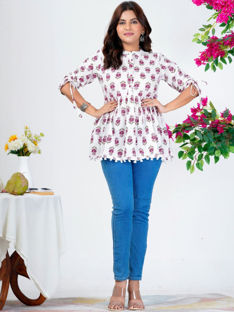 FrionKandy Women Floral Print Mandarin Collar Cotton Peplum Top
