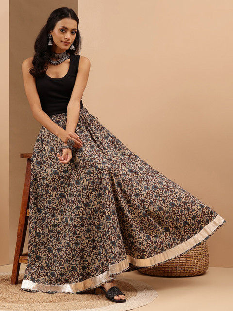 Janasya Women Pure Cotton Floral Printed Maxi Skirt
