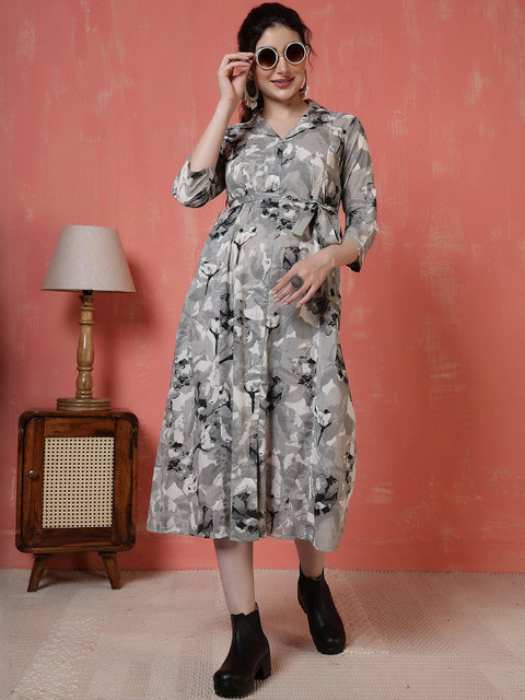 SZN Grey Cotton Printed Dress